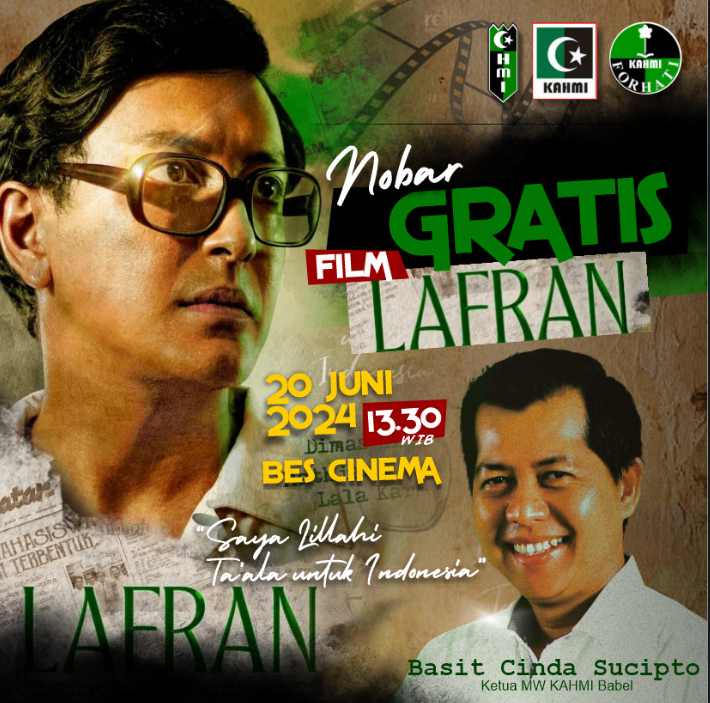 Dalam rangka mempererat tali silaturahmi dan membangun komunikasi antarelemen masyarakat, Basit Cinda, Ketua MW Kahmi Babel sekaligus bakal calon Wakil Wali Kota Pangkalpinang, menggelar acara nonton bareng (nobar) gratis film 'Lapran' bersama masyarakat Bangka Belitung. Acara ini akan berlangsung pada Kamis, 20 Juni 2024, pukul 13.30 WIB di Bes Sinema Kota Pangkalpinang. Rabu (19/6/2024).